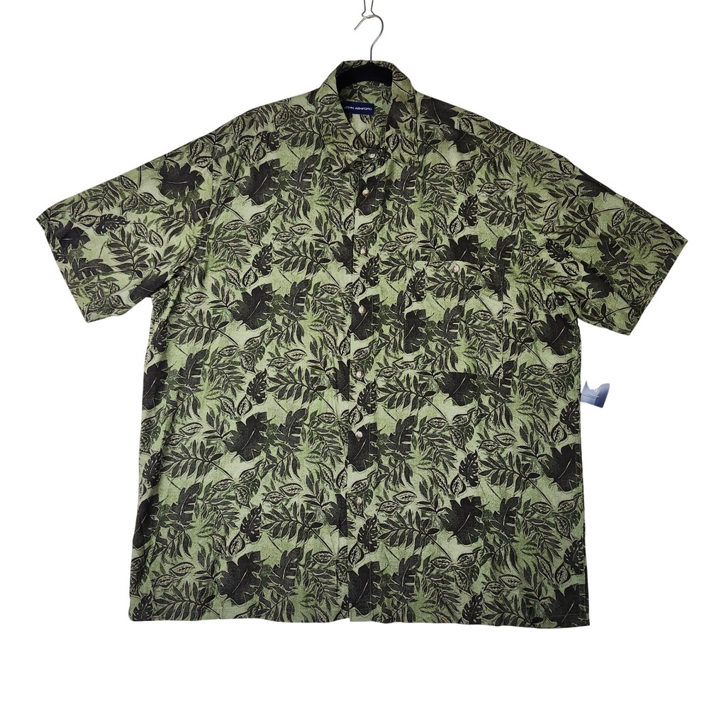 John Ashford Button Down Shirt Men XL Green NEW Tropical Leaf Rayon Short Sleeve